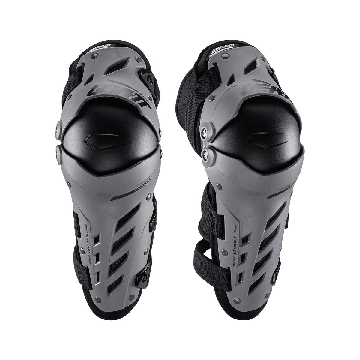 Leatt knee guard with hard shell shields knees during rides and impacts.