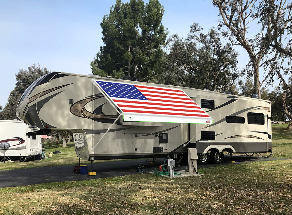 Leaveshade custom graphic flag design for RV awning fabric