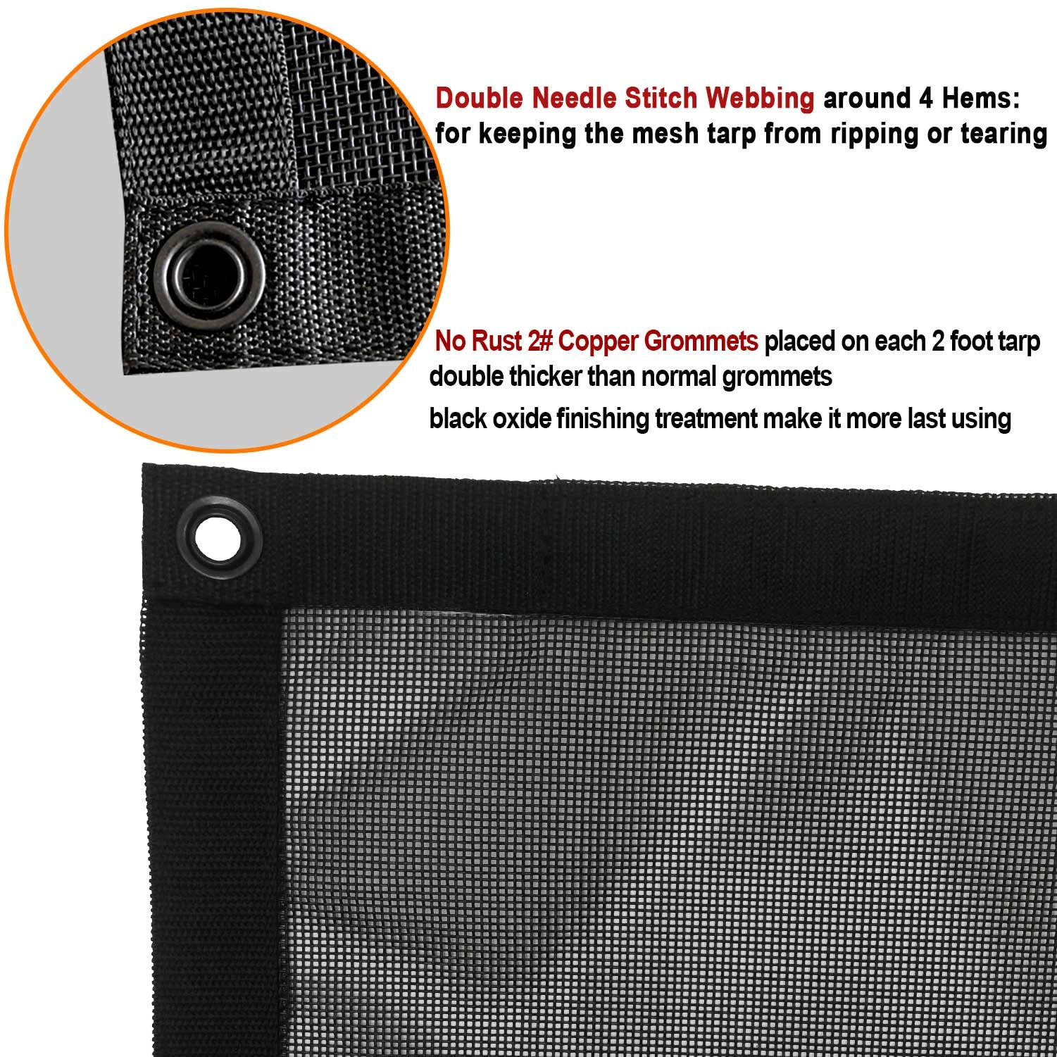 Leaveshade dump truck mesh tarp 7x20 close-up of rust-resistant copper grommets