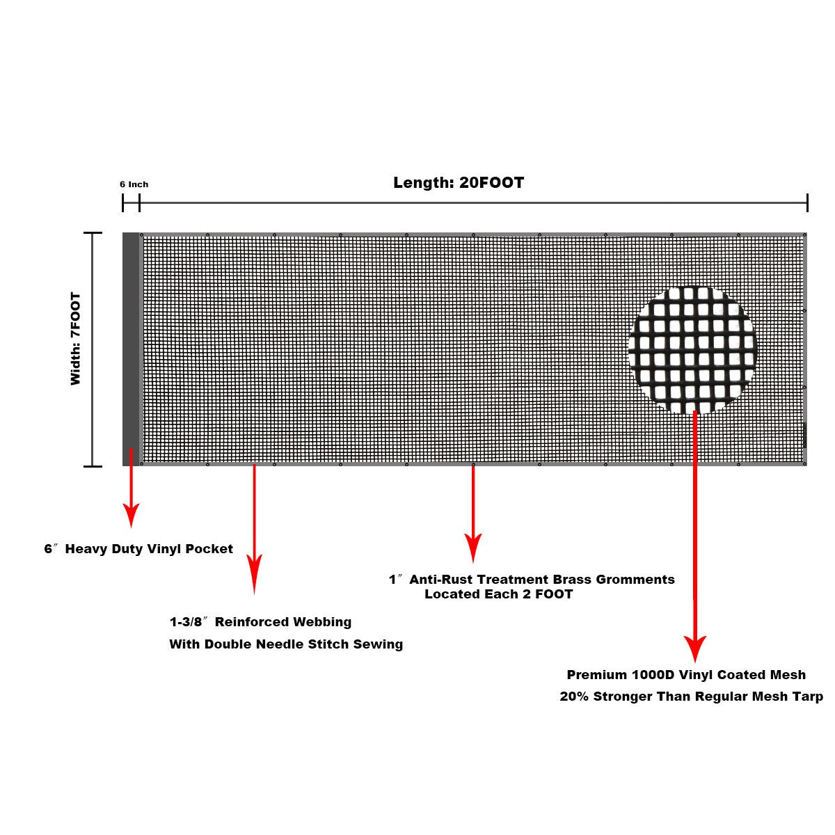 Leaveshade dump truck mesh tarp 7x20 UV and flame resistant fabric sample