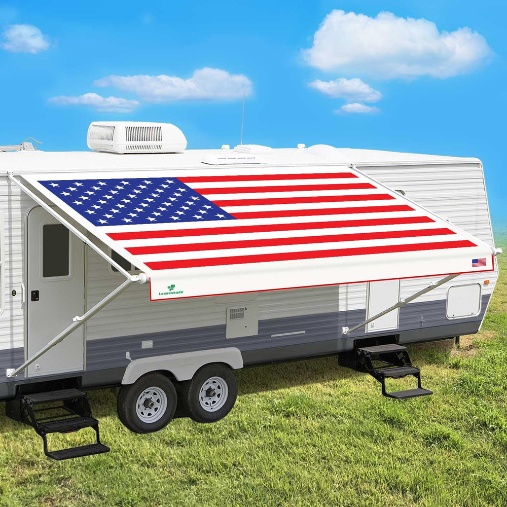 Leaveshade RV awning fabric with flag graphic blends bold style and durability.