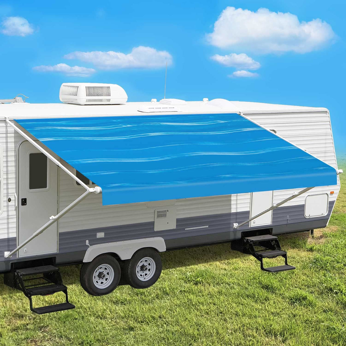 Leaveshade RV Awning Fabric Blue Wave roll provides durable shade outdoors.