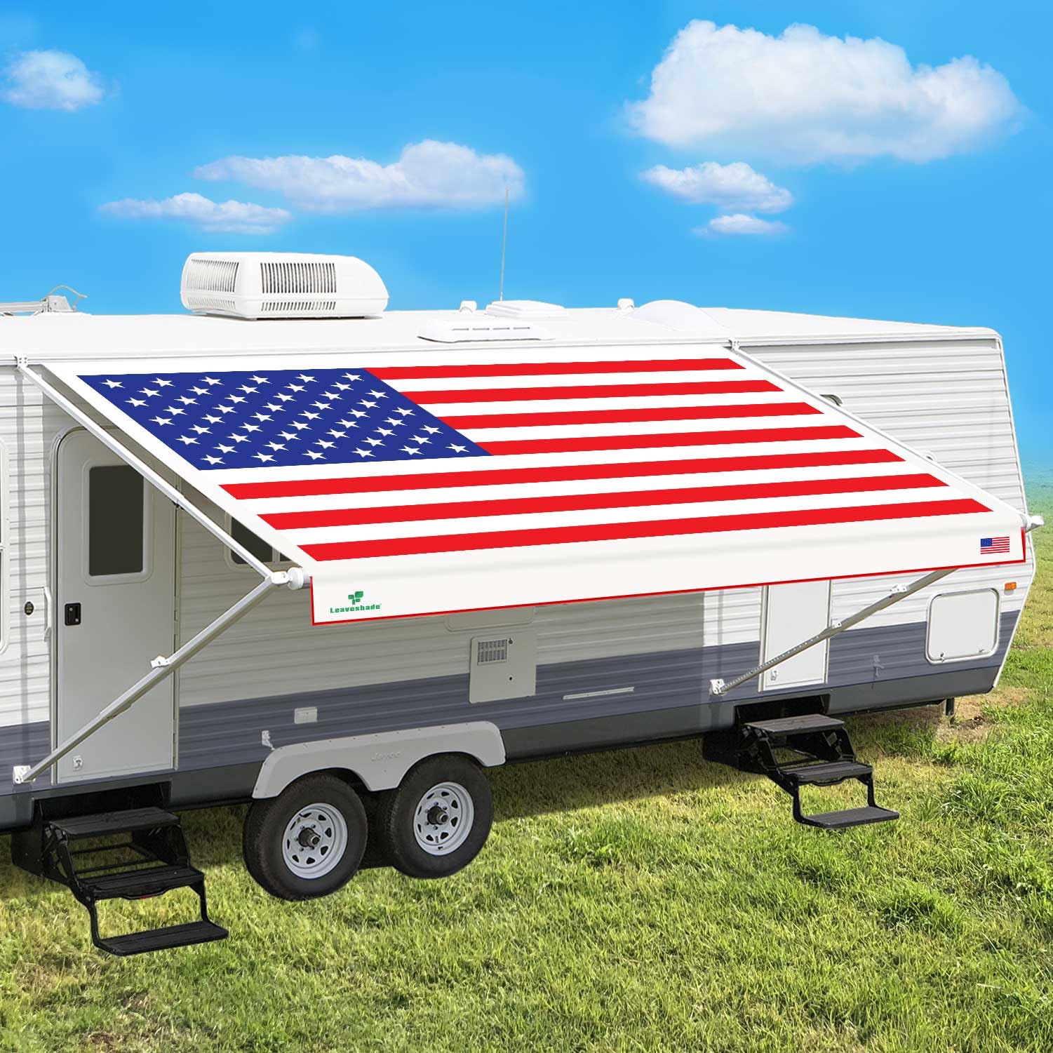 Leaveshade USA flag RV awning fabric with bold graphic for replacement