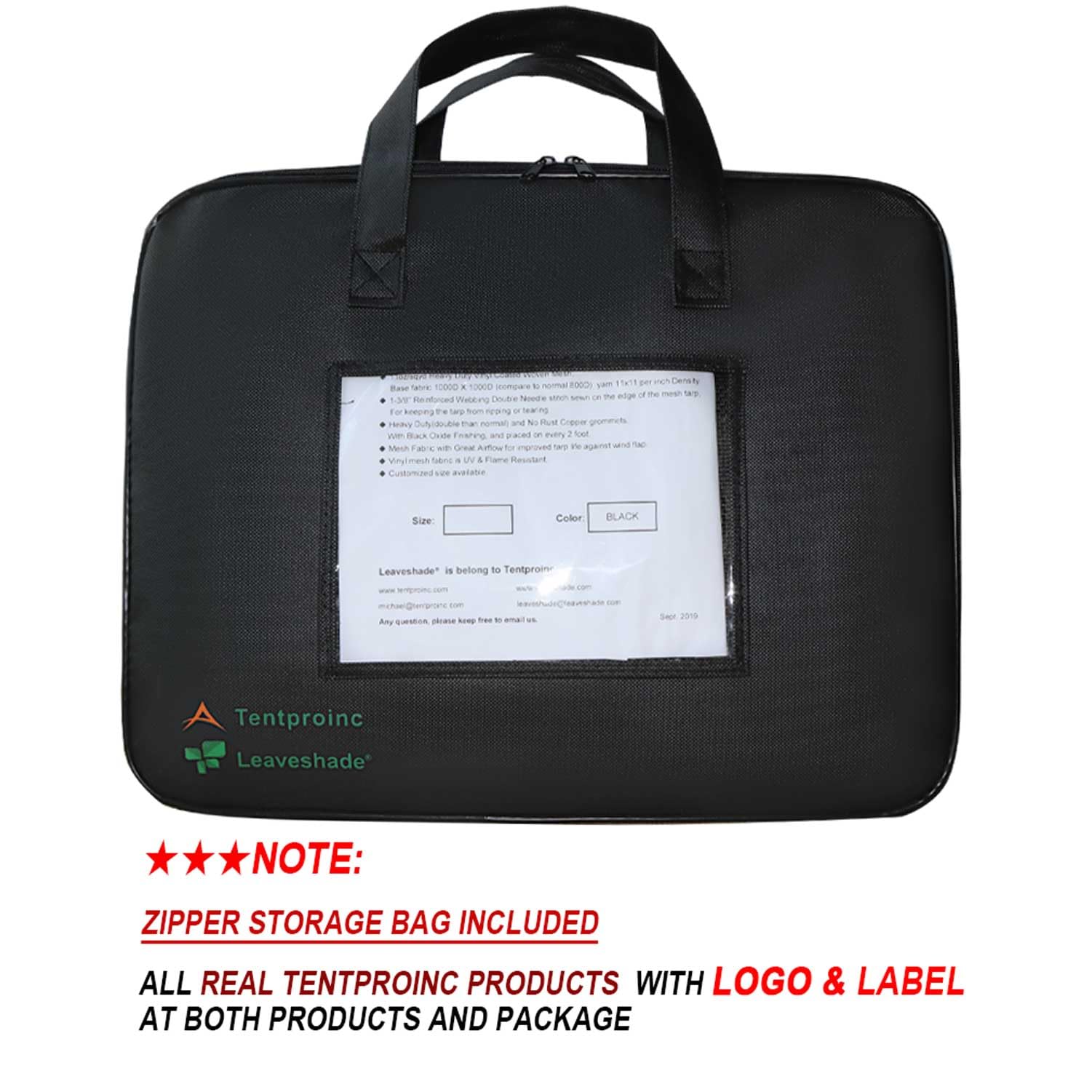 Leaveshade zipper storage bag included for convenient tarp stowage.