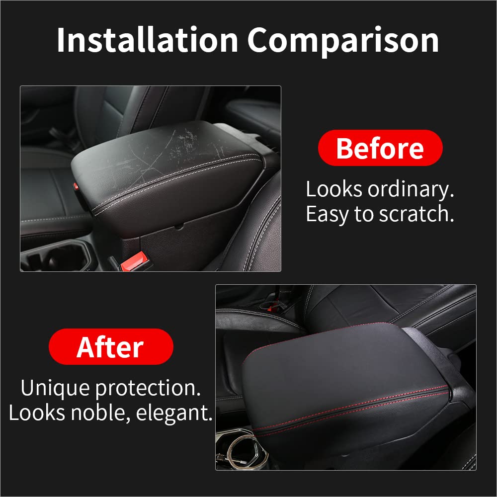 LECART armrest cover for Wrangler JL/JLU center console with red stitches enhances interior style.