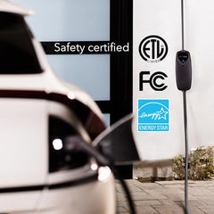 Lectron charger demonstrates its 16-foot cable for flexible driveway charging.