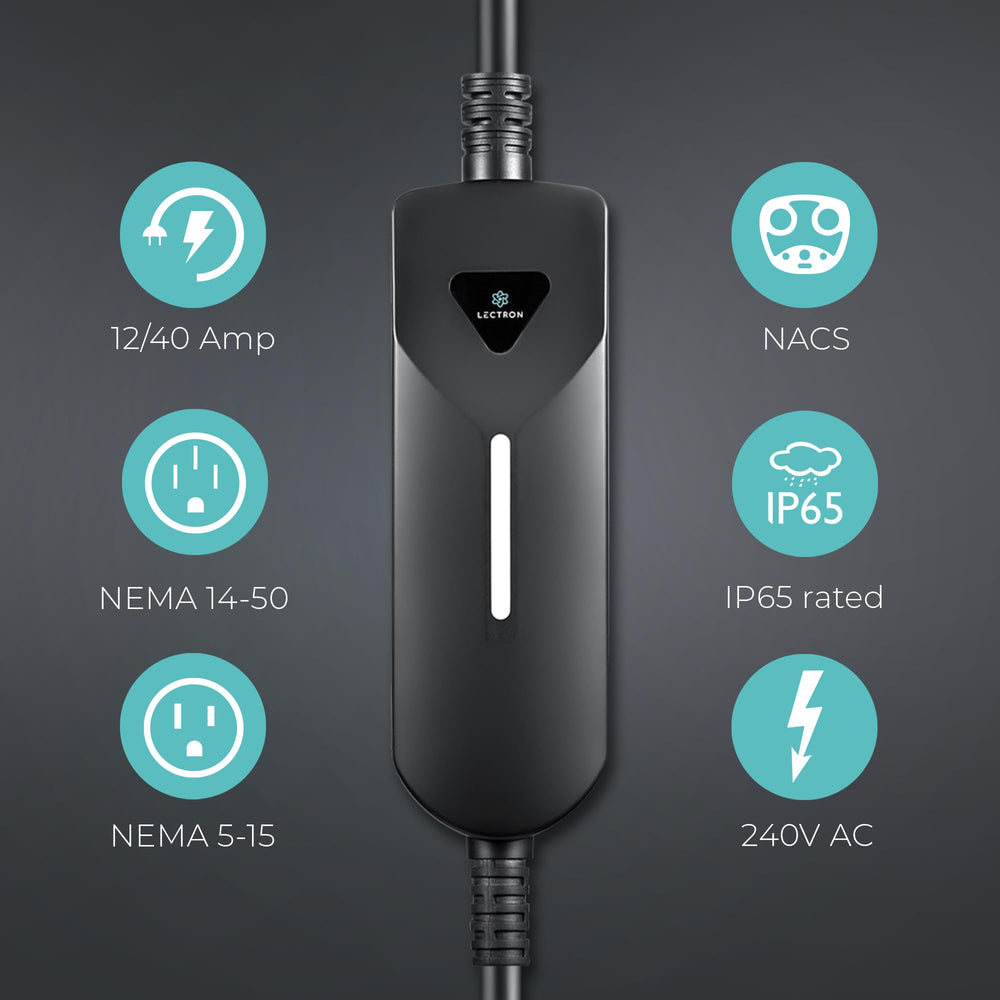 Lectron compact portable EV charger ready for trunk storage and trips.