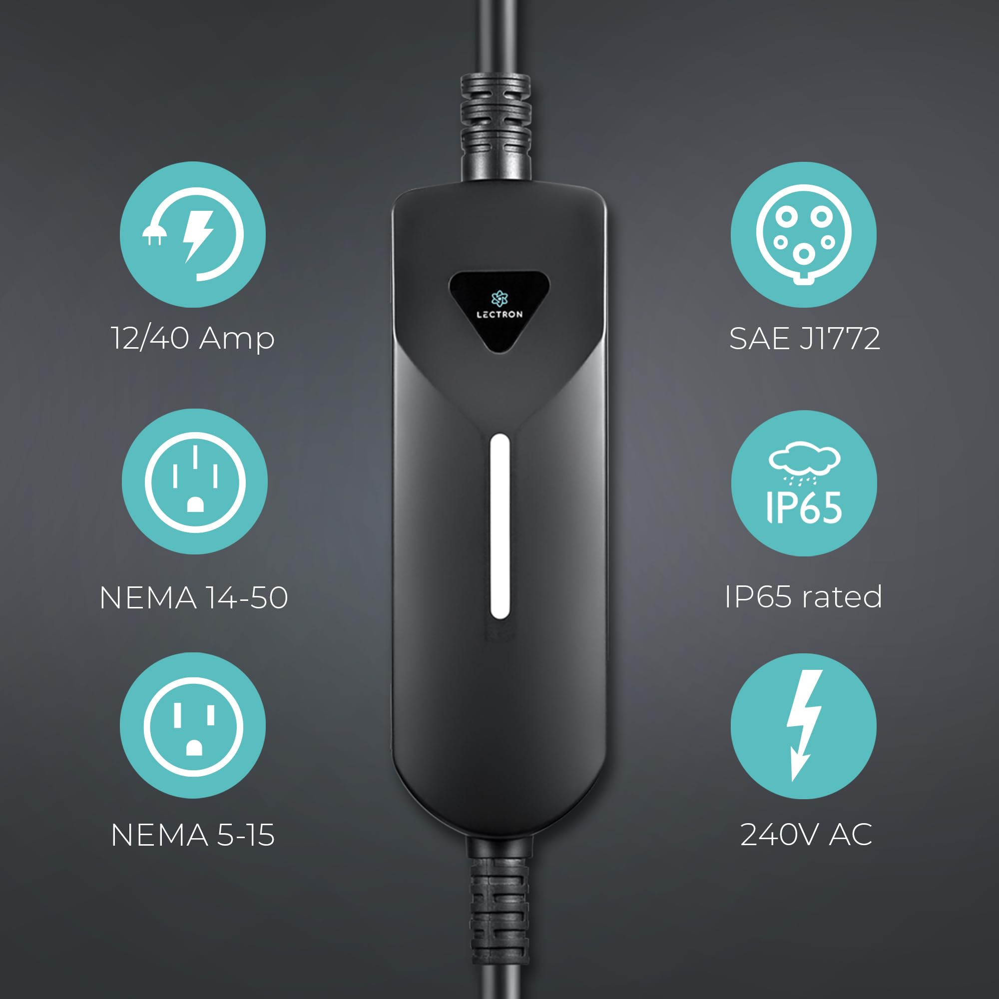 Lectron EV charger dual plugs visible demonstrating universal NEMA compatibility