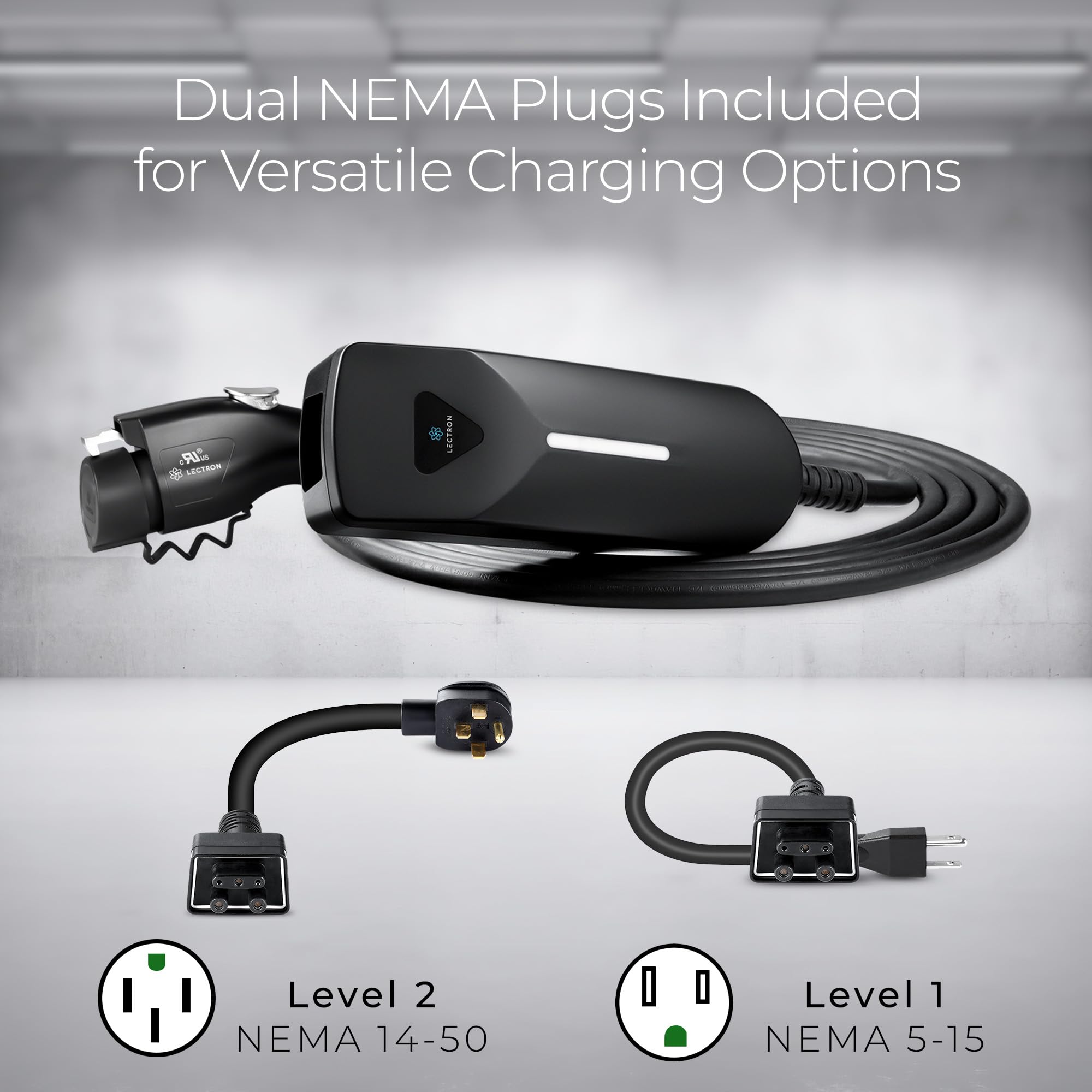Lectron EV charger 16 ft cable extended to illustrate reach in driveways