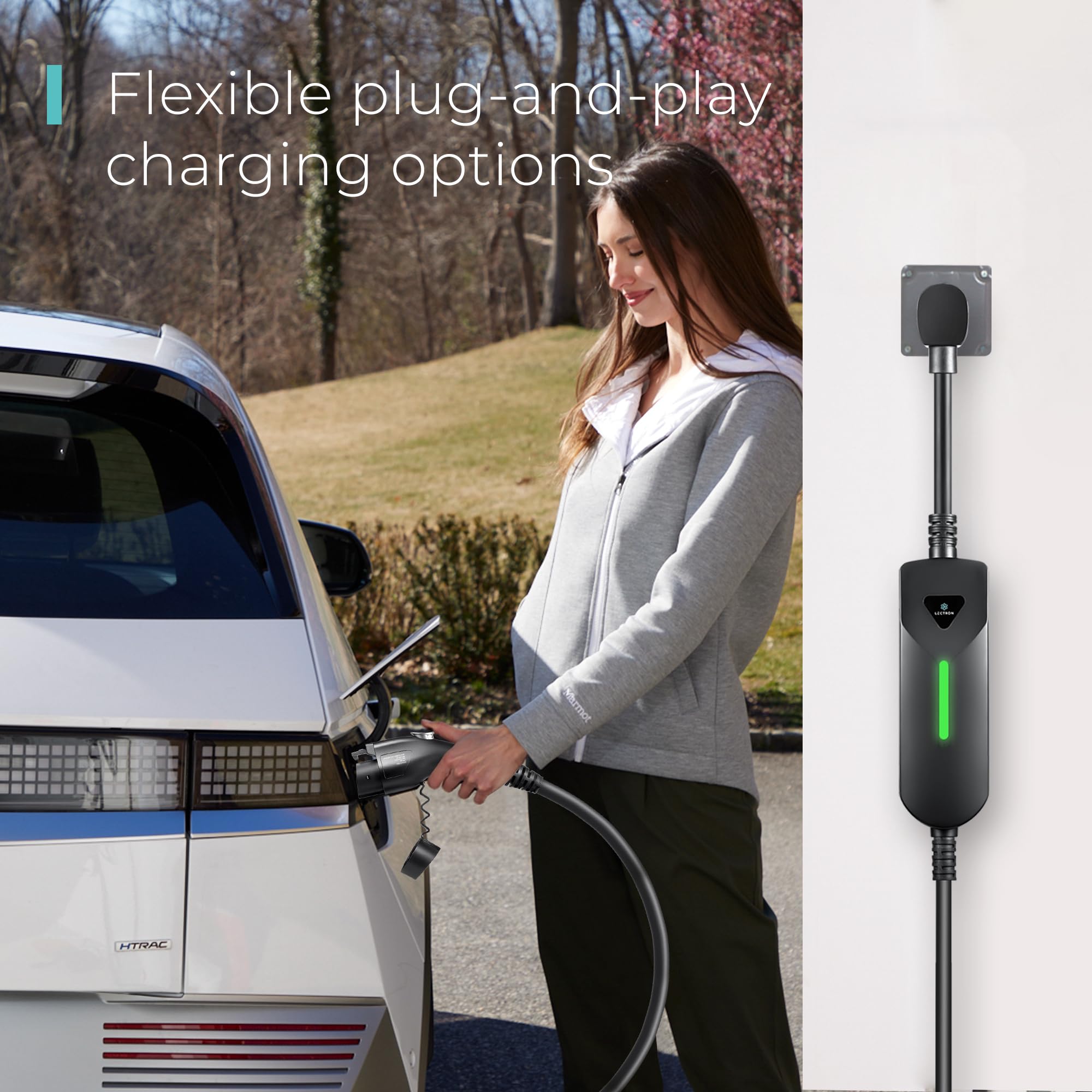 Lectron IP65 weatherproof EV charger badge visible for outdoor use