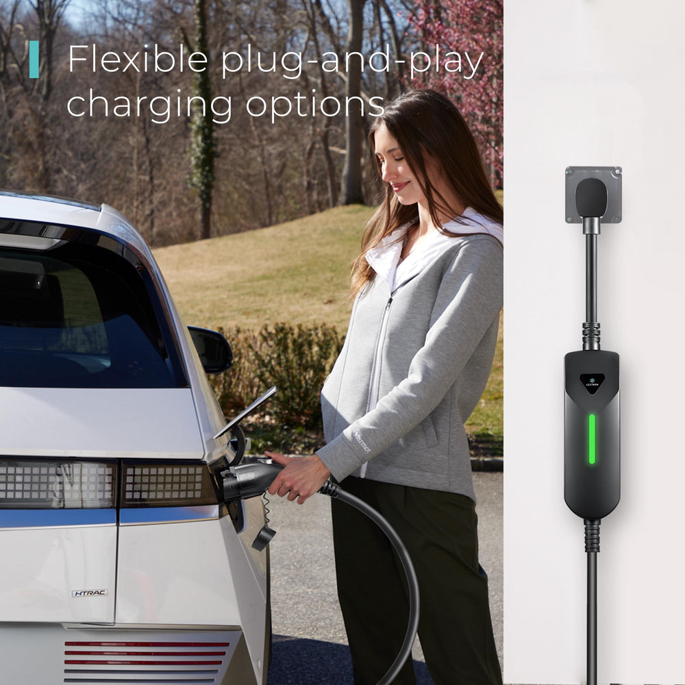 Lectron IP65 weatherproof EV charger badge visible for outdoor use