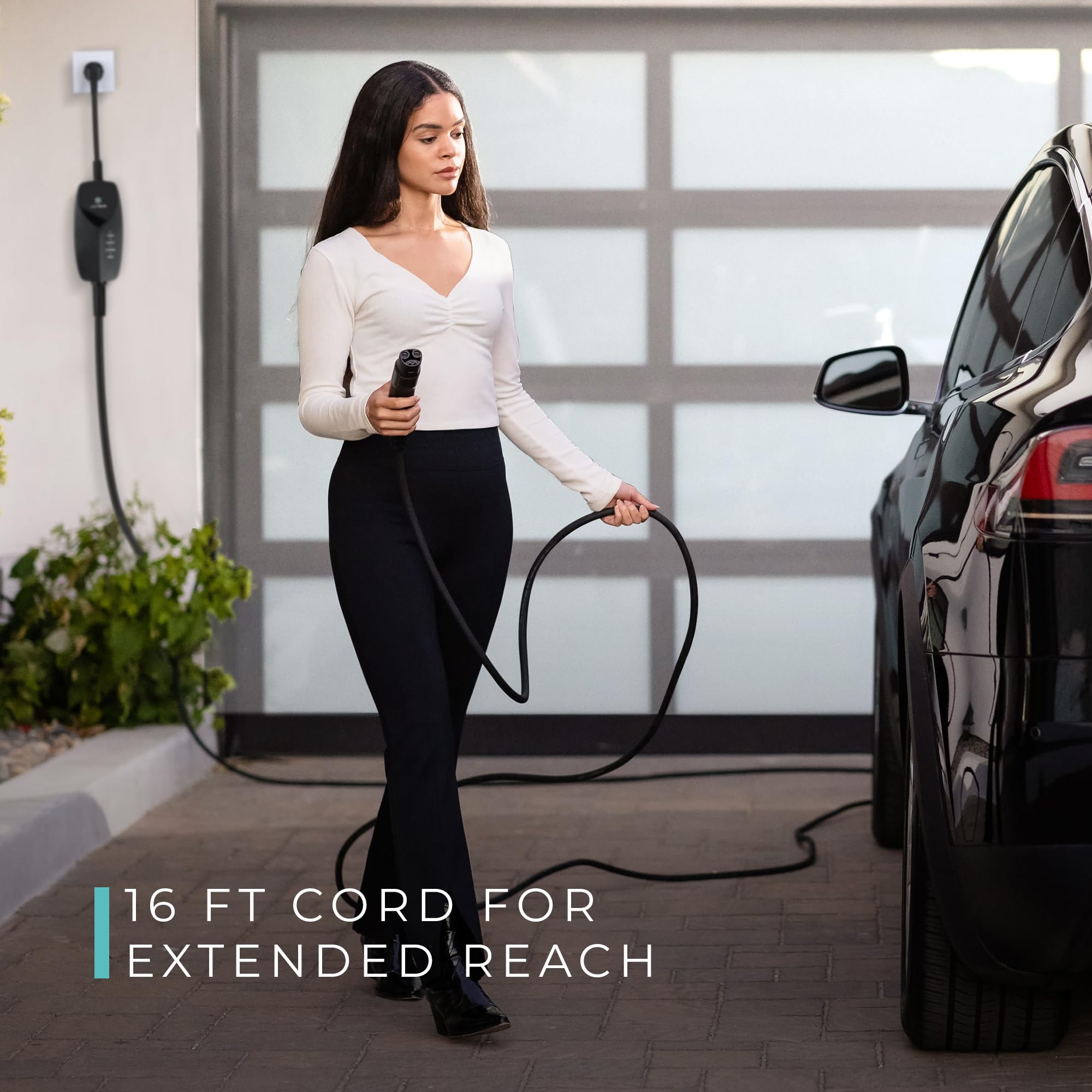 16-foot extension cable provides flexible placement for charging at different outlets.