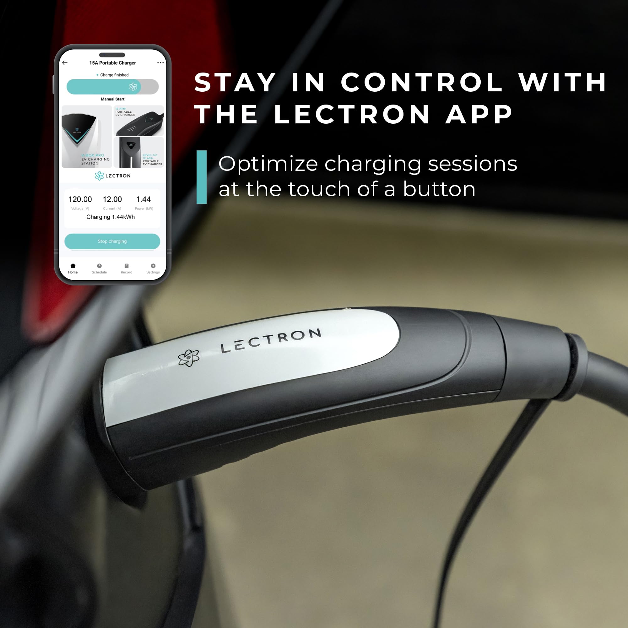 Lectron Level 1 app dashboard for quick charging control and session history.