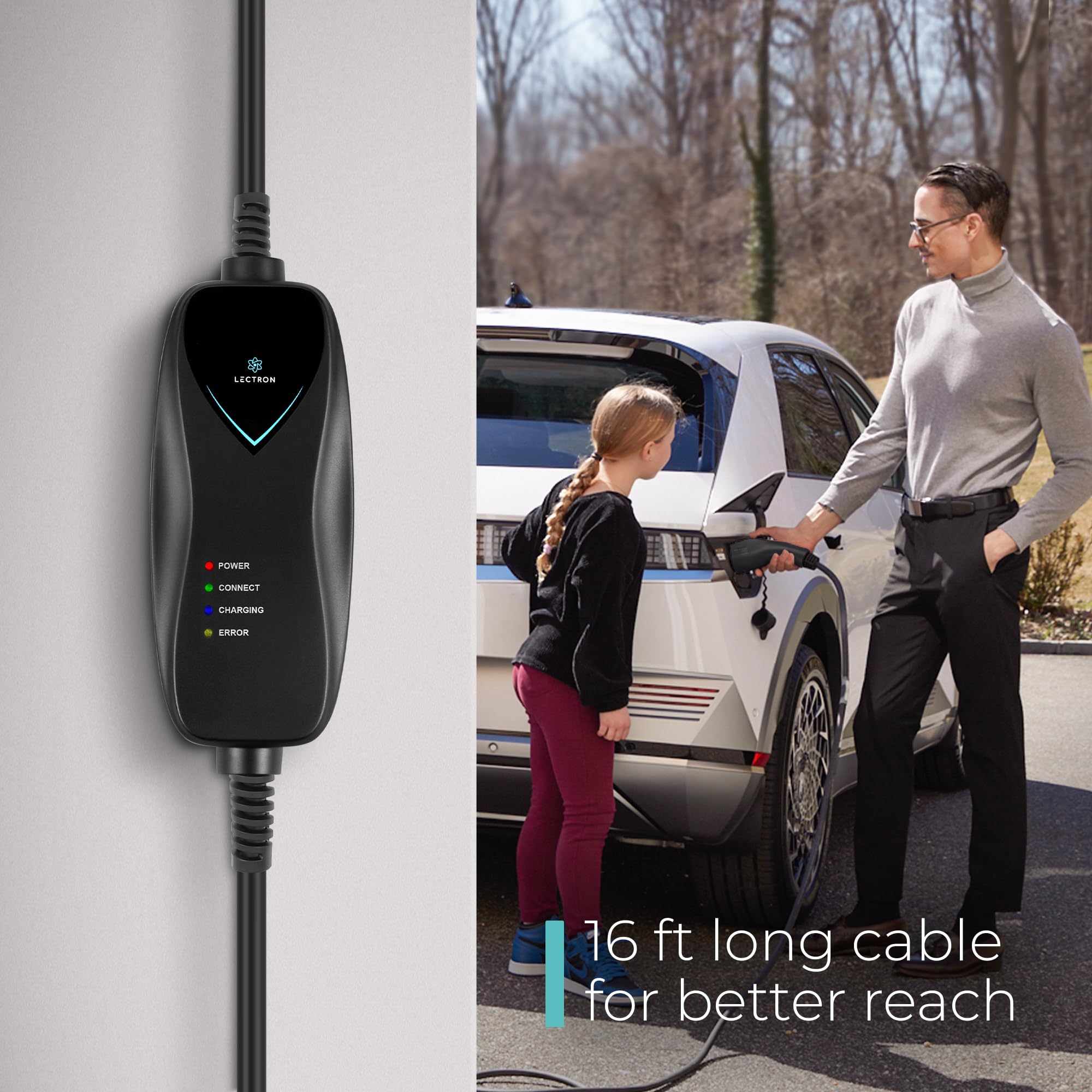 Lectron Level 1 J1772 charger with 16-foot extension cord for flexible placement.