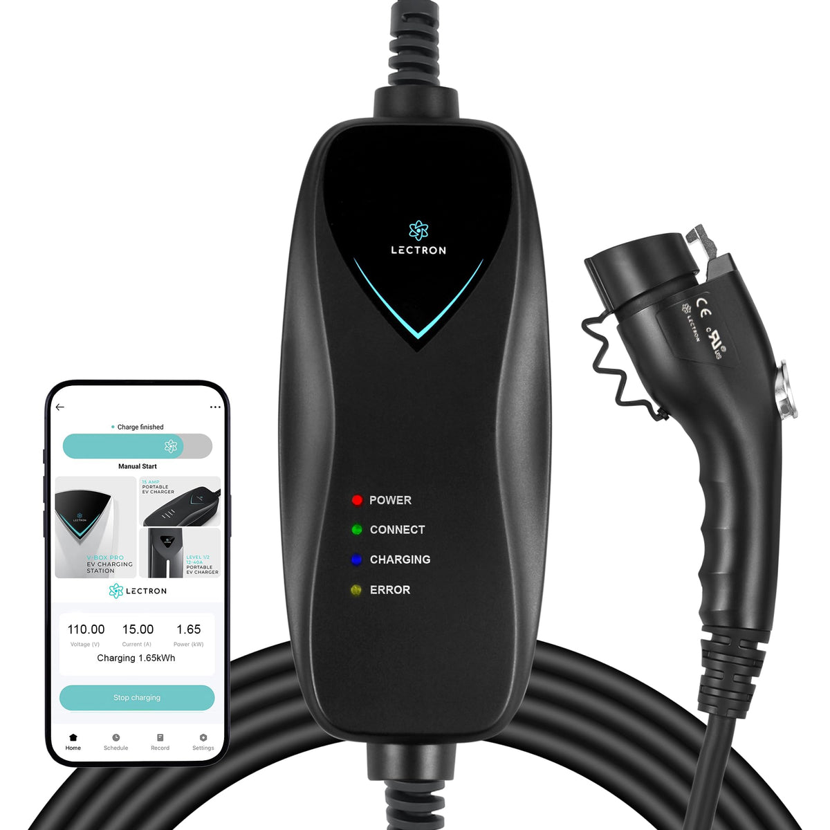 Lectron Level 1 J1772 charger front view, portable home charging and road trips.