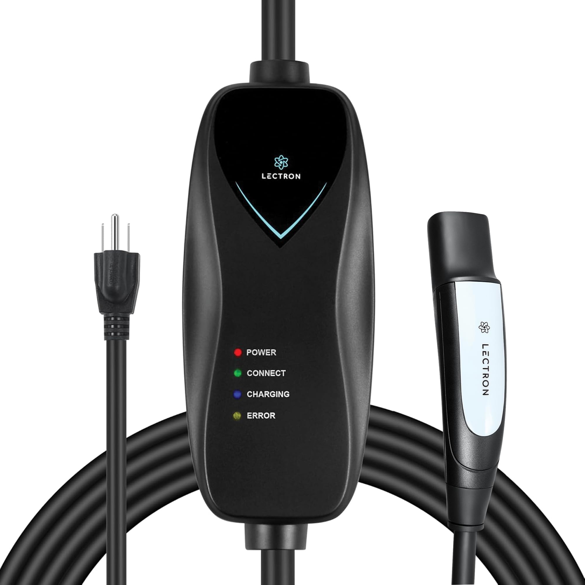 Lectron Level 1 Tesla Charger plugged into a 110V outlet for home charging.
