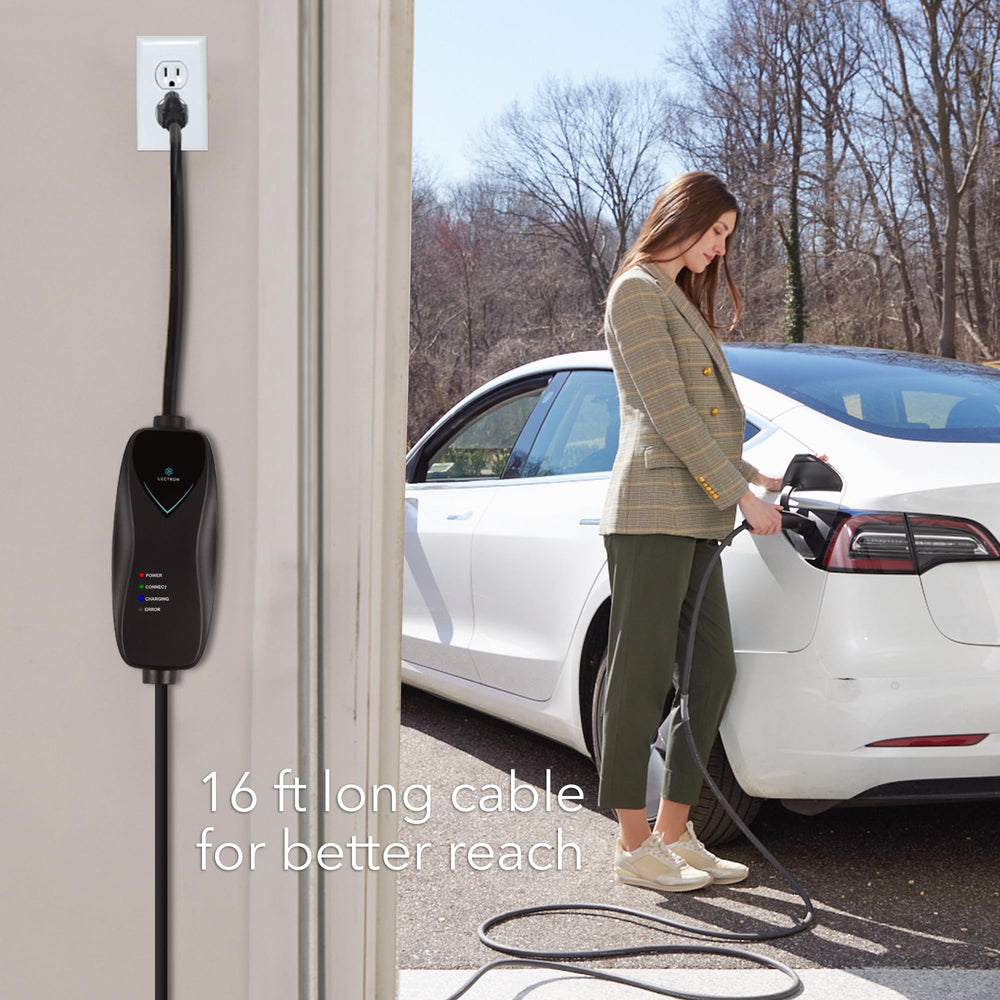 Lectron Level 1 charger connected to a Tesla for overnight charging.