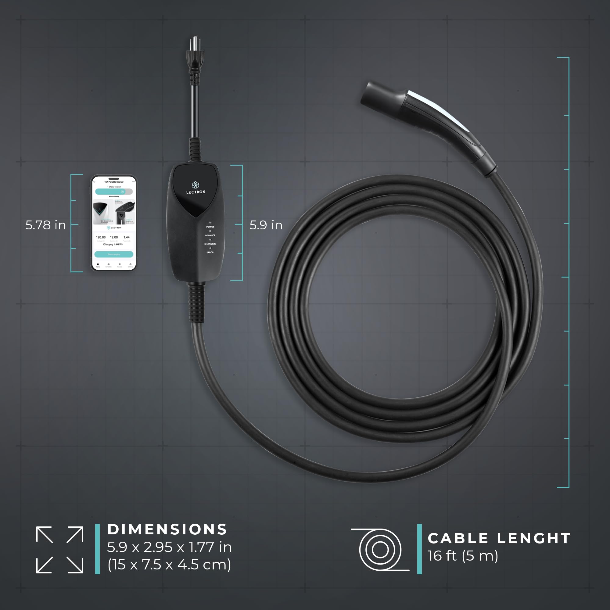 Travel-ready Lectron Level 1 charger fits in your kit for on-the-go charging.