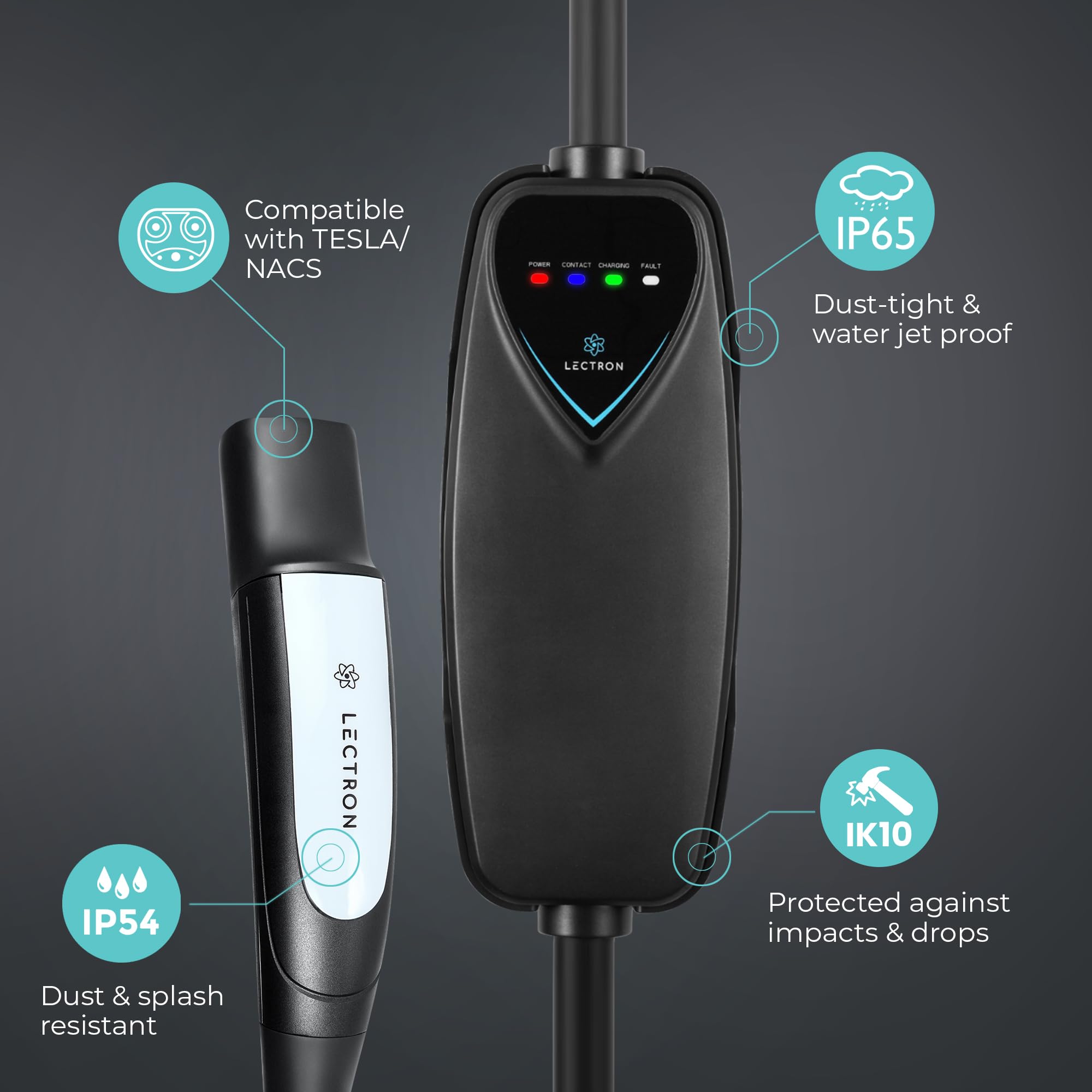 IP55-rated Lectron charger protects against dust and water exposure.