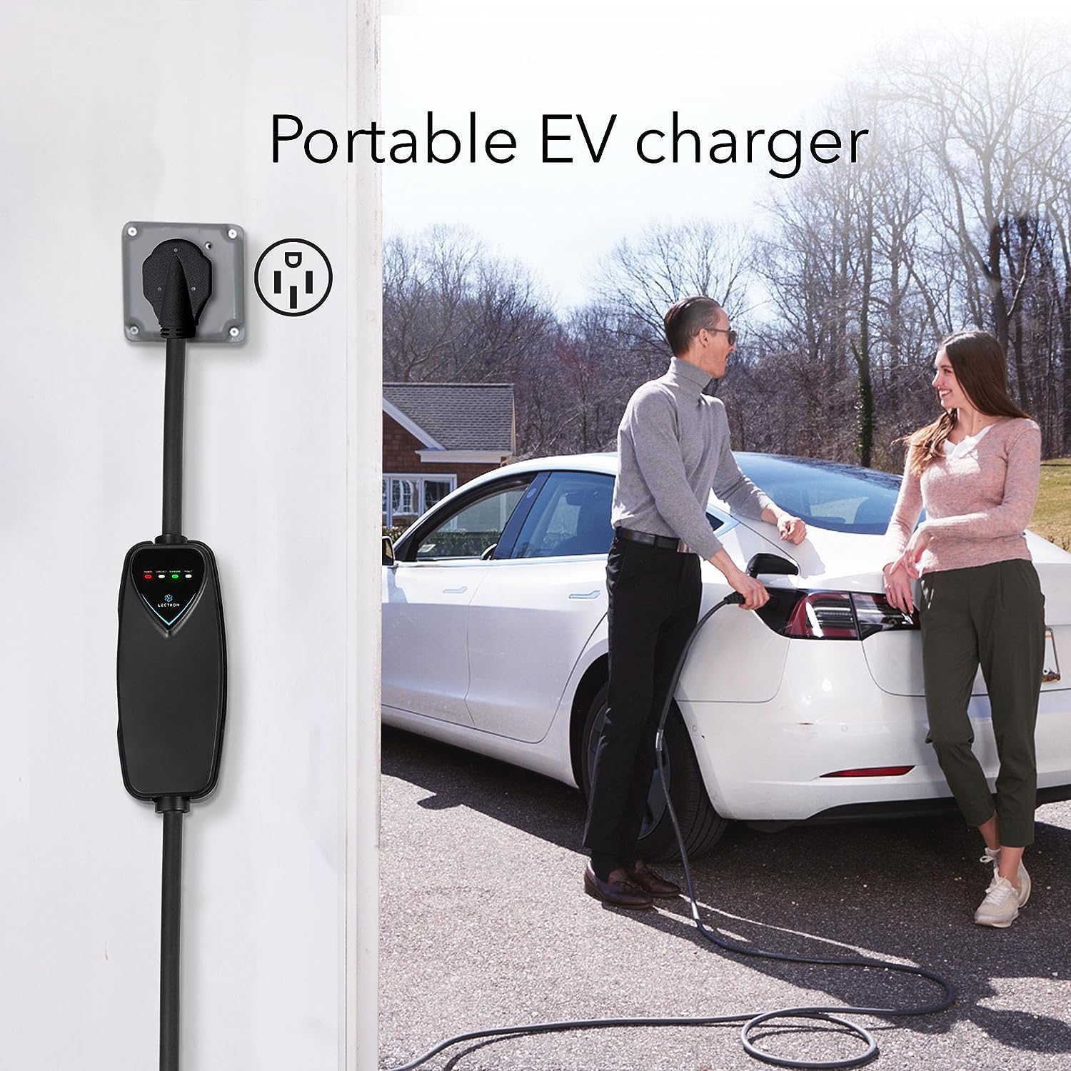 Lectron charger showing NEMA 14-50 plug for Tesla compatibility.