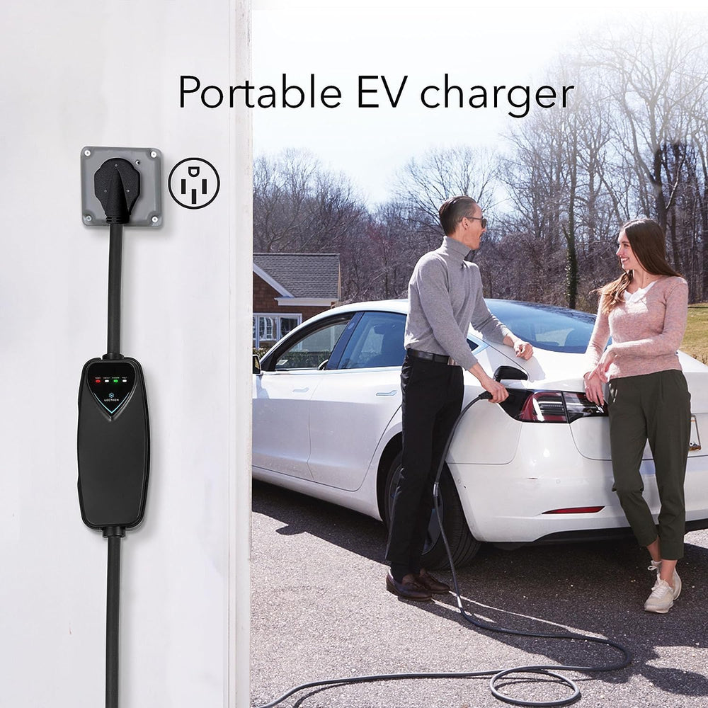 Lectron charger showing NEMA 14-50 plug for Tesla compatibility.