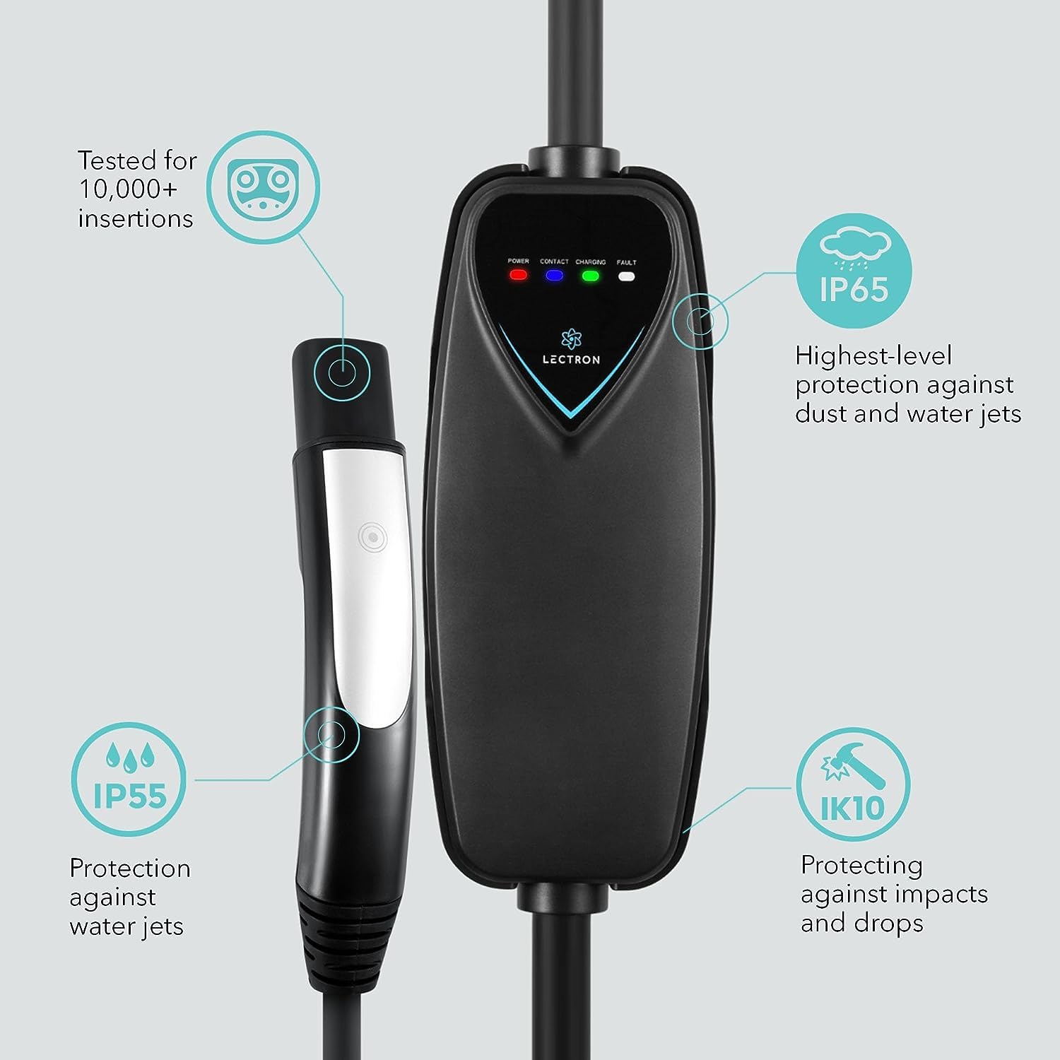Portable, sleek Lectron charger ready for home or travel charging.