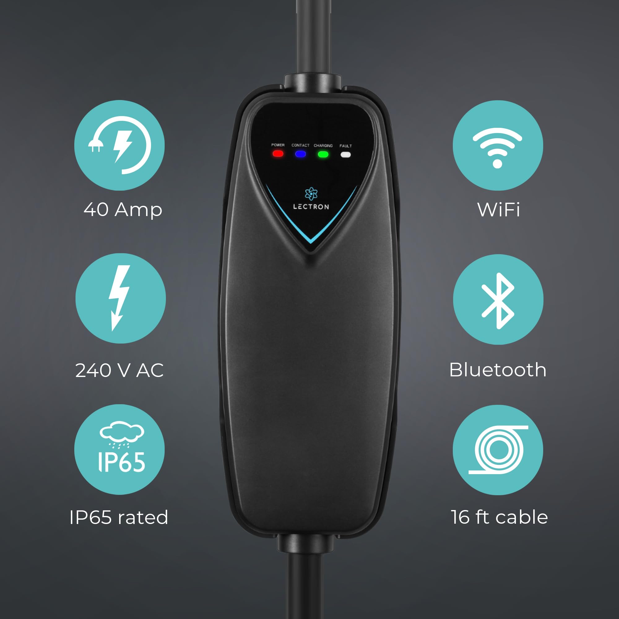 Lectron Level 2 Charger connected to a Tesla, travel-ready and home-friendly.