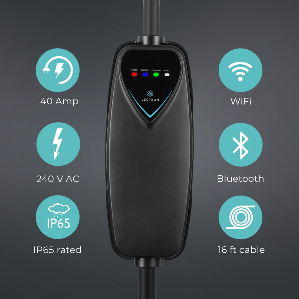 Lectron Level 2 Charger connected to a Tesla, travel-ready and home-friendly.
