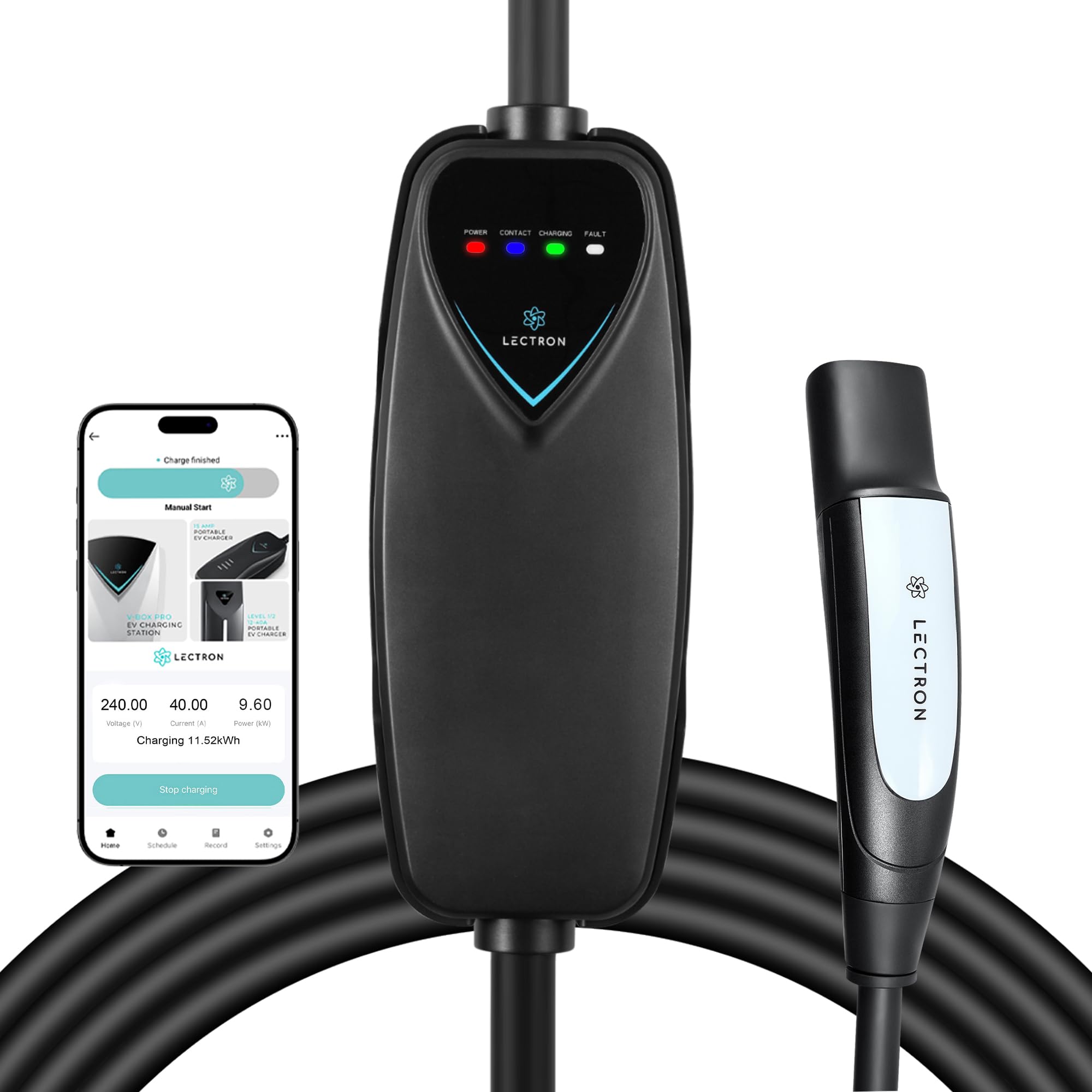 Lectron Level 2 Tesla Charger with WiFi control shows real-time charging status.