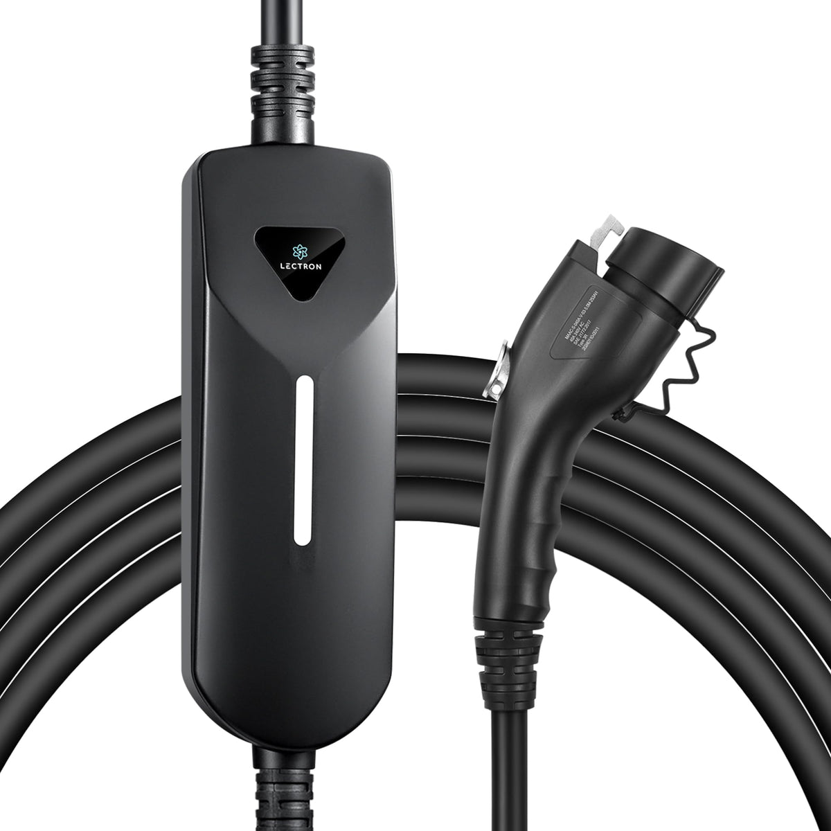 Lectron Level 1/2 EV charger front view highlighting portable design for travel
