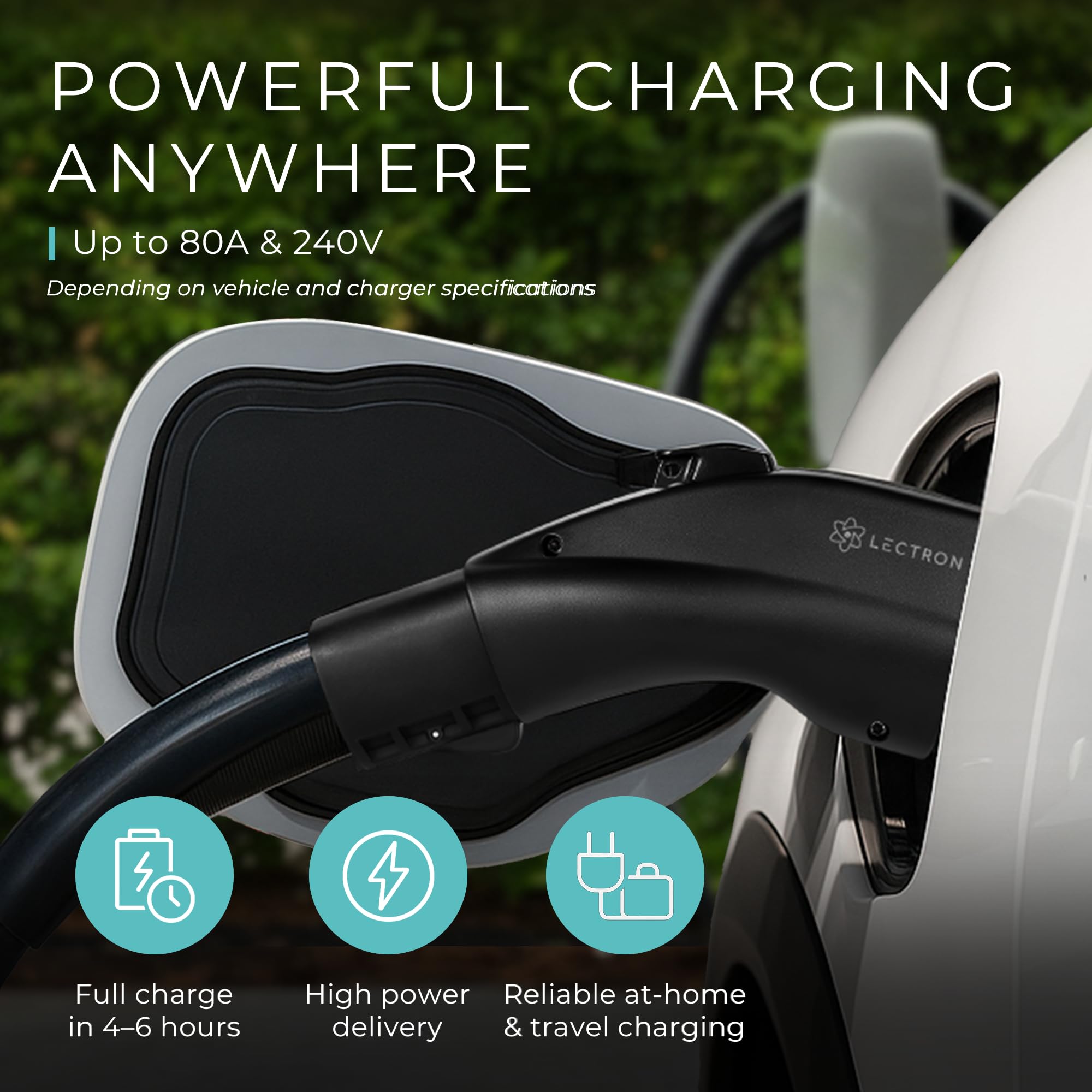 High-power Lectron adapter delivers up to 80A at 240V for faster charging.