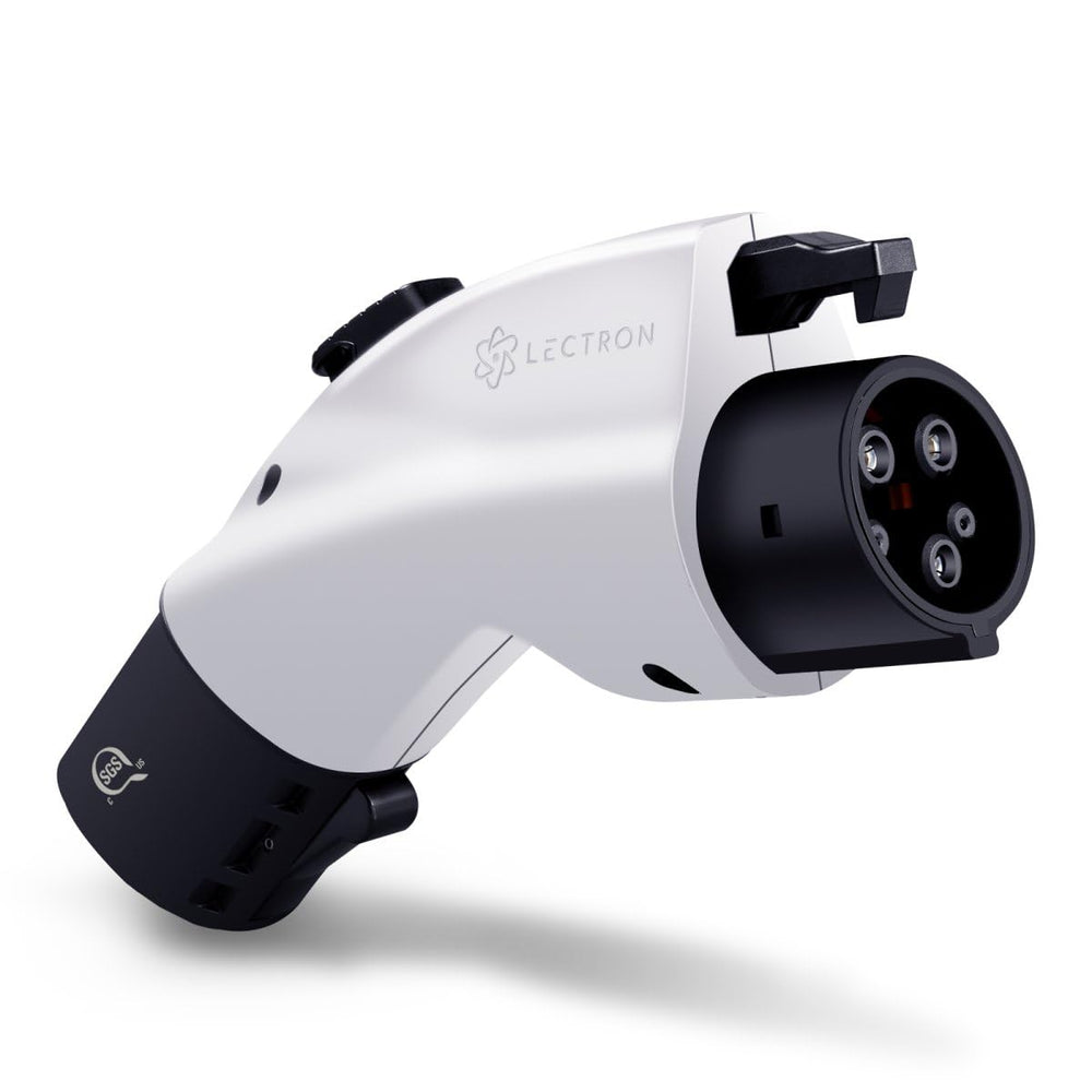 Lectron Tesla to J1772 adapter shown in compact design for portable charging.