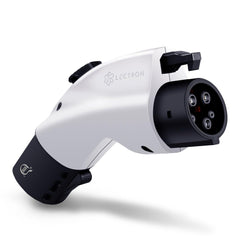 Lectron Tesla to J1772 adapter shown in compact design for portable charging.
