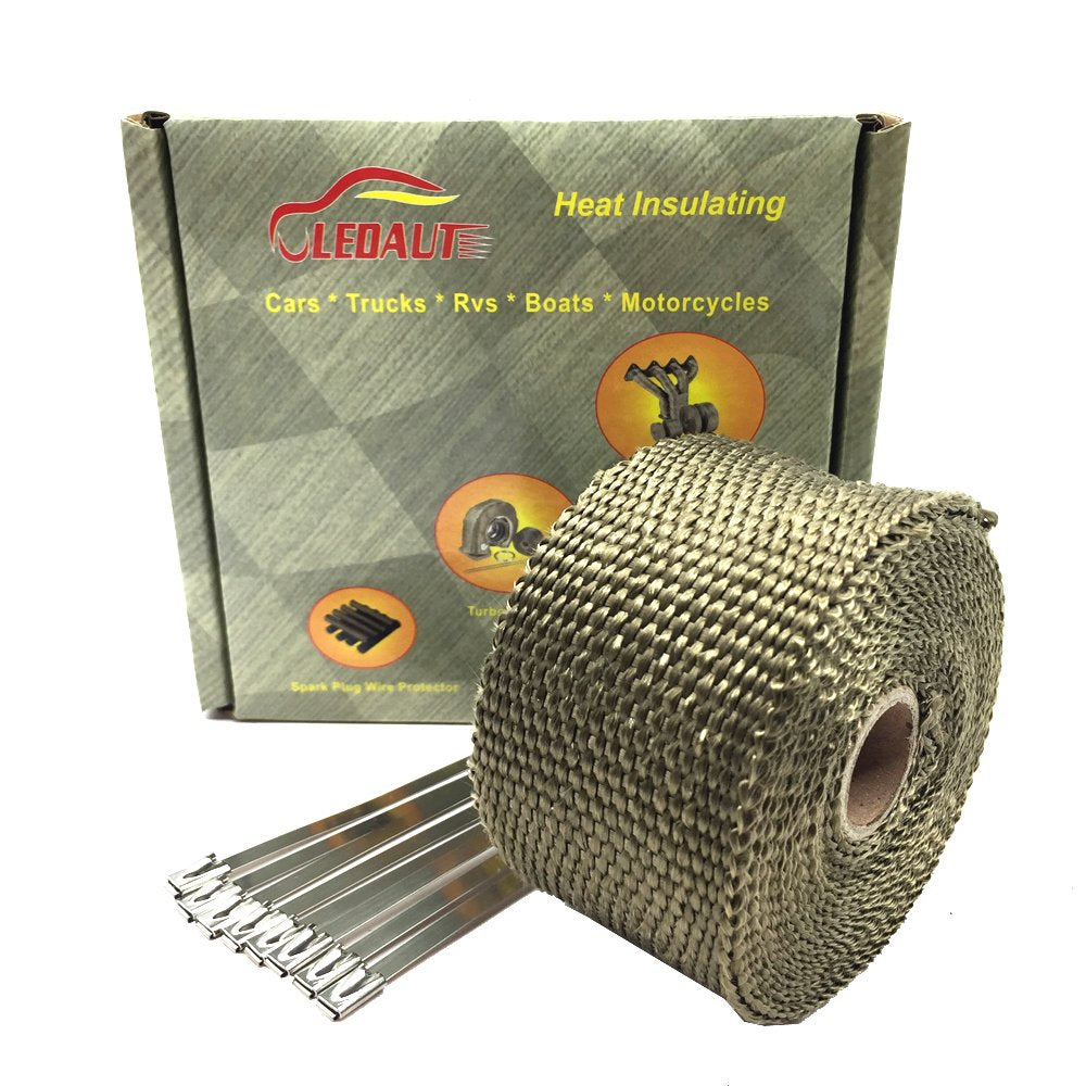 LEDaut 2x16 titanium exhaust wrap on pipe provides heat protection.