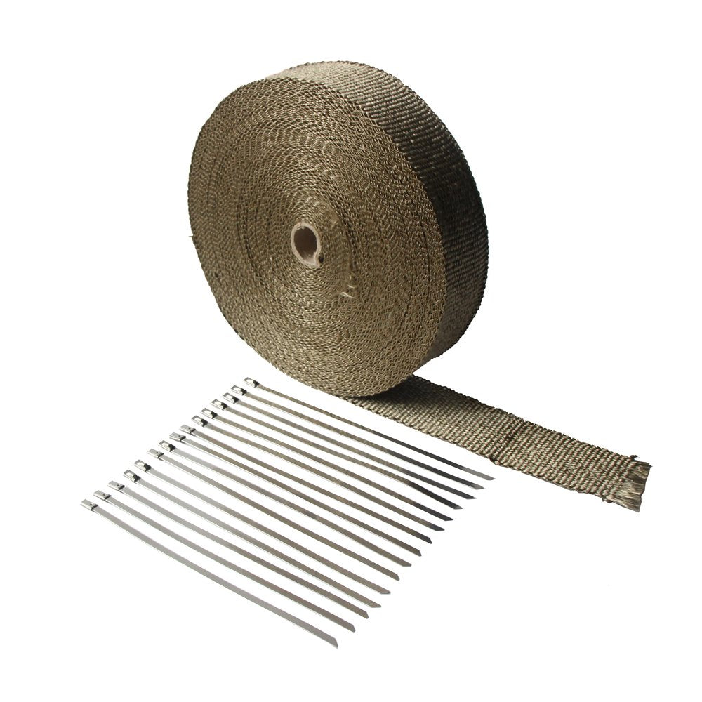LEDAUT titanium exhaust wrap secured around a car pipe for heat retention and performance potential.