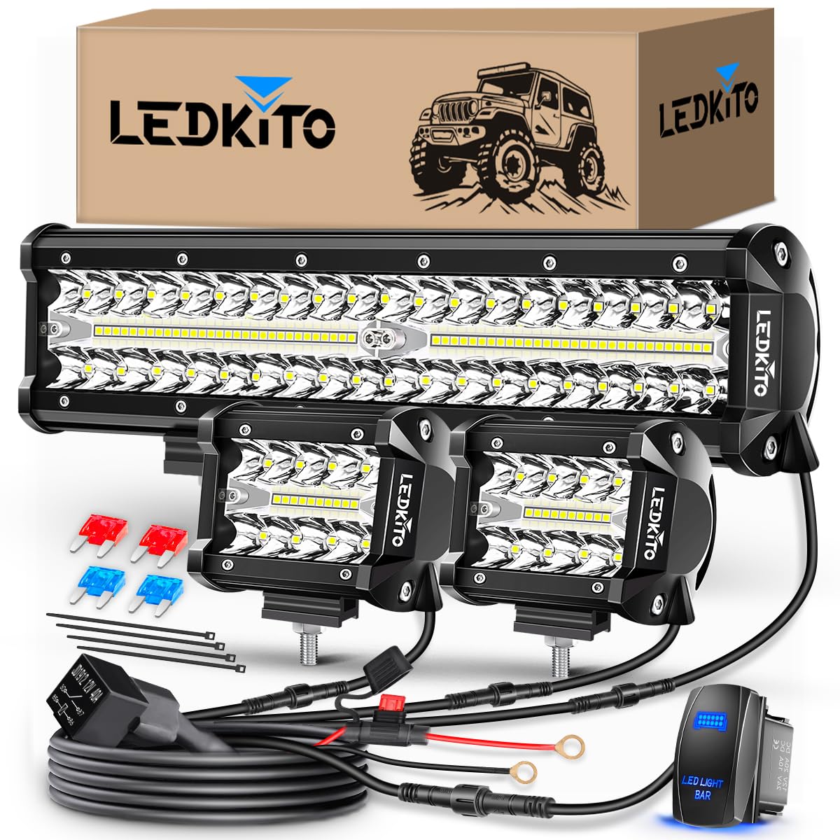 LEDKITO 12-inch light bar front view shows bright spot and flood combo for improved visibility.