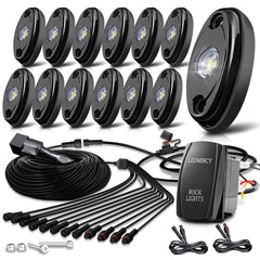 LED Mircy R1 rock light front view showcases dramatic undercar glow for off-road nights.