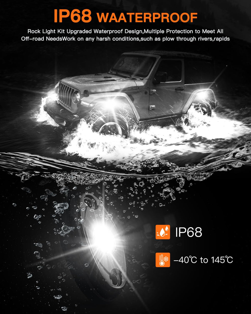 LED Mircy R1 rock light side shot highlights 180-degree beam spread for wide coverage.