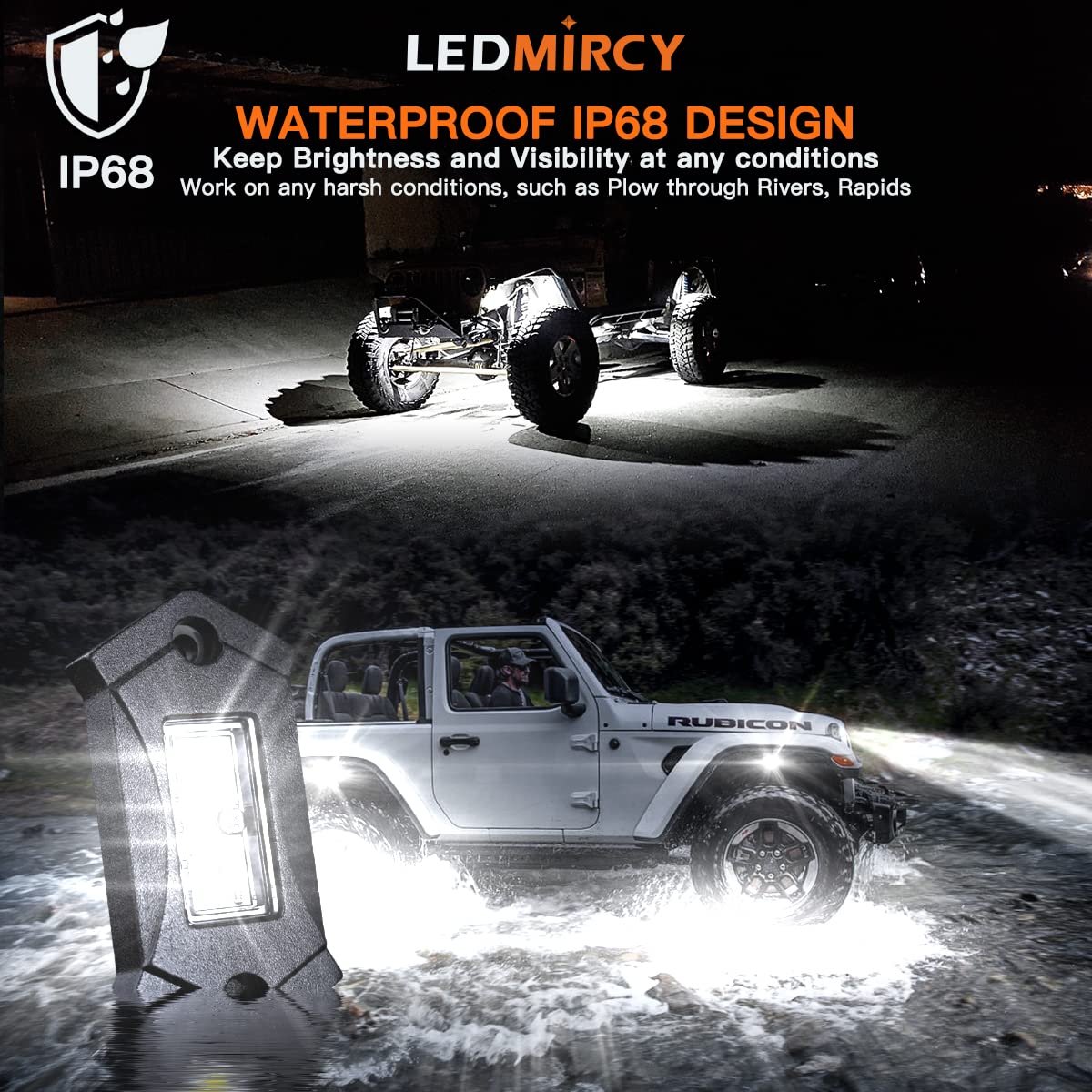 LEDMIRCY rock light aluminum die-cast housing delivers durable performance under harsh conditions.