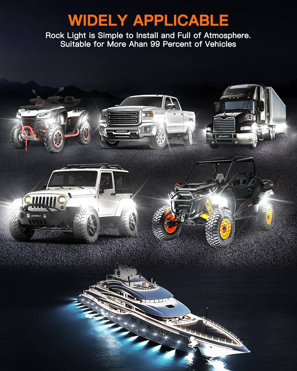 LEDMIRCY 16-piece kit fits most DC 9-36V vehicles for versatile underbody lighting.