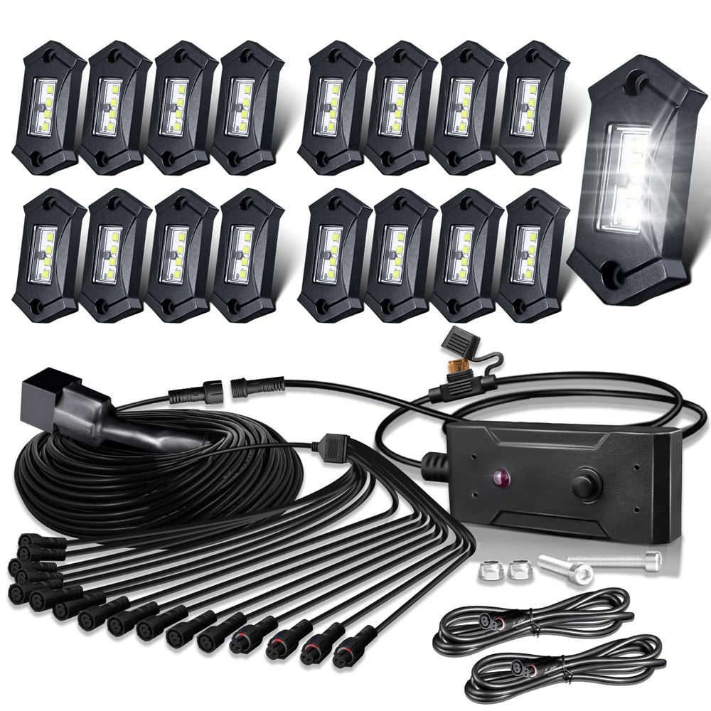 LEDMIRCY White Rock Lights 16pcs package enhances off-road visibility and vehicle aesthetics.