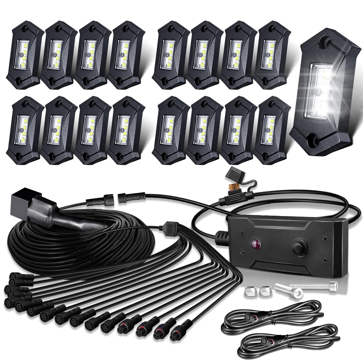 LEDMIRCY White Rock Lights 16pcs package enhances off-road visibility and vehicle aesthetics.