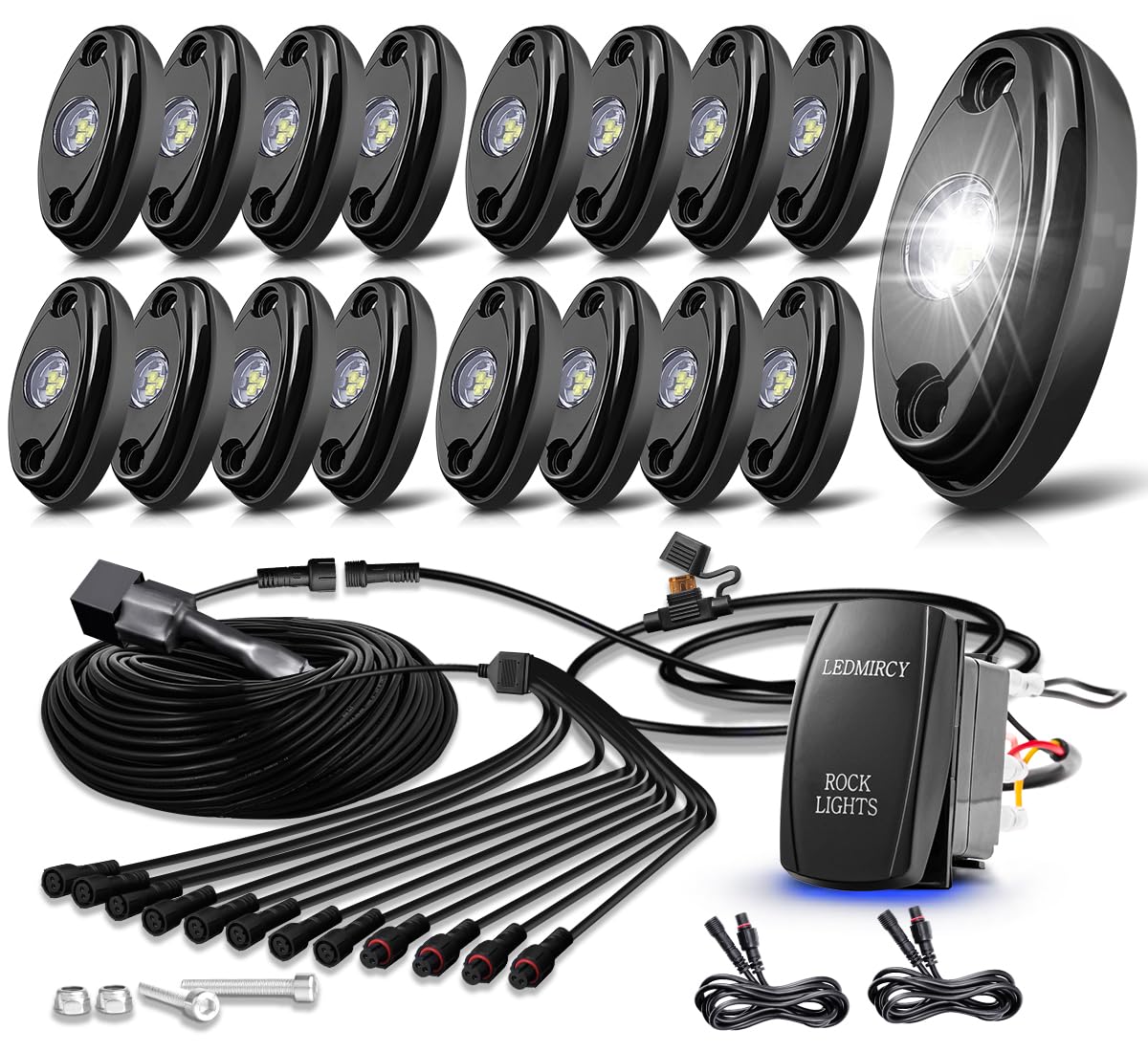 LEDMIRCY White Rock Lights Kit undercarriage enhances off-road visibility and style.