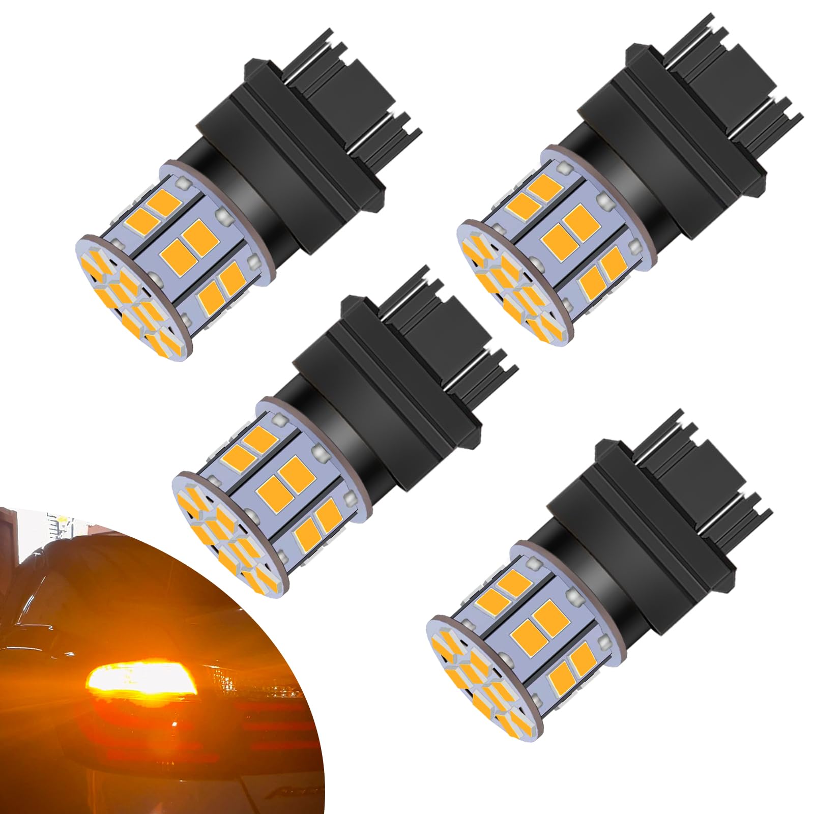 LEDYOTRY amber 3157 LED bulb closeup with bright 360-degree signal for clear turn indicators