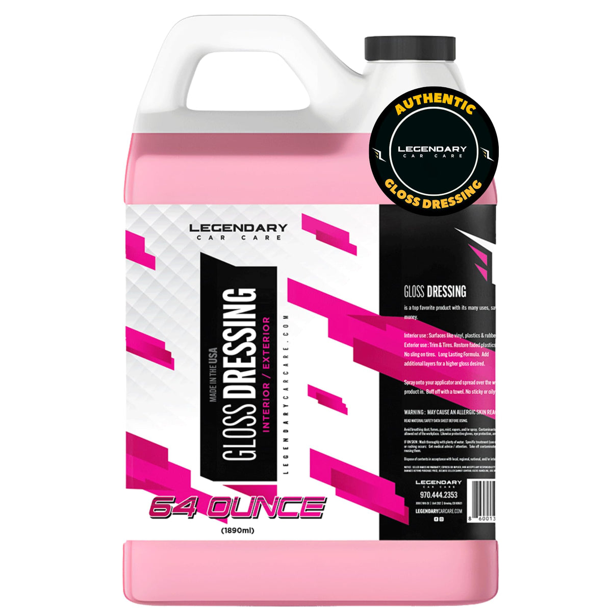Legendary Gloss Dressing bottle pour shows controlled, mess-free application for detailing.
