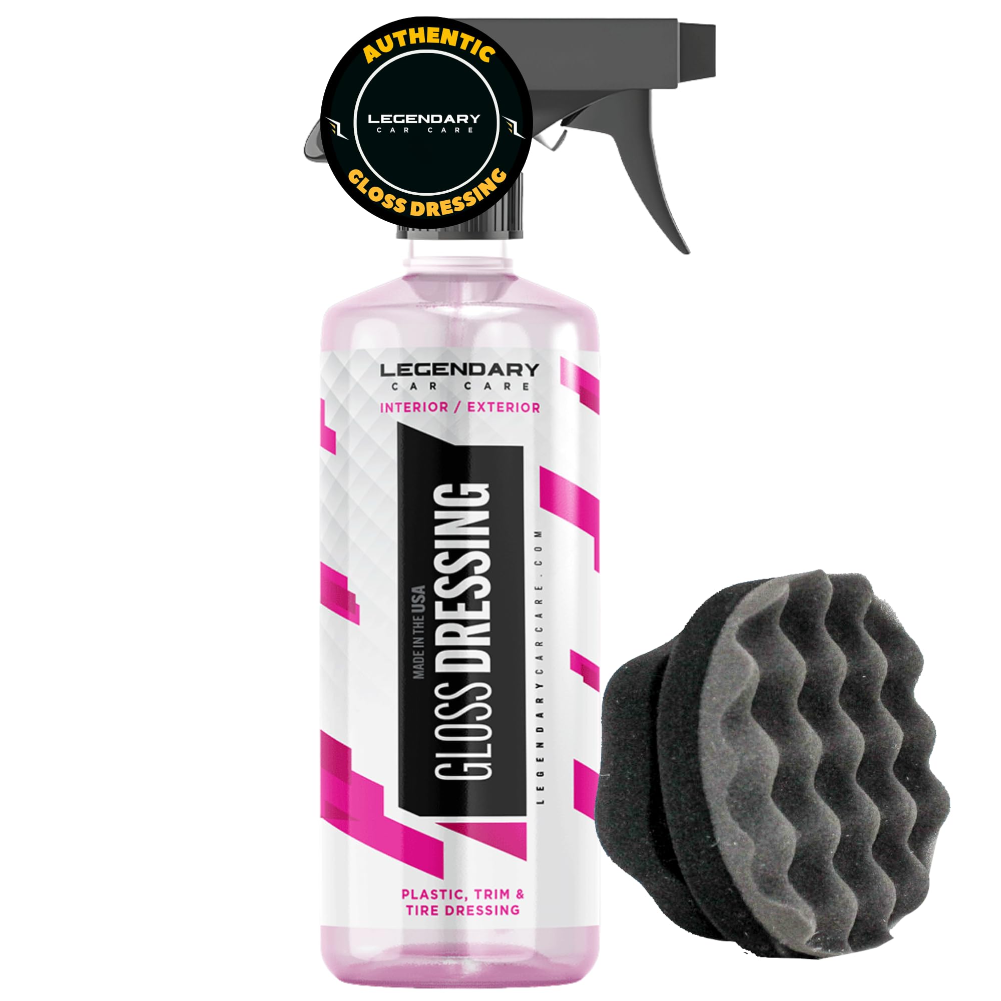 Legendary Gloss Dressing bottle ready for quick exterior tire shine and plastic restoration.