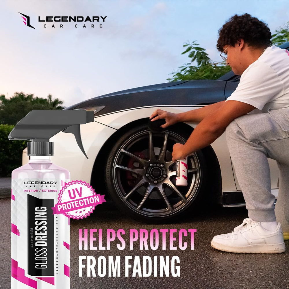 Legendary Gloss Dressing exterior-safe formula on paint, glass, and wheels with streak-free shine.