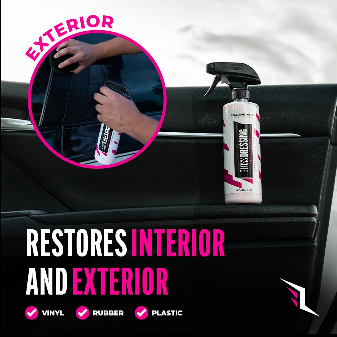 Legendary Gloss Dressing exterior surfaces demonstrates safe use on paint, glass, and trim.