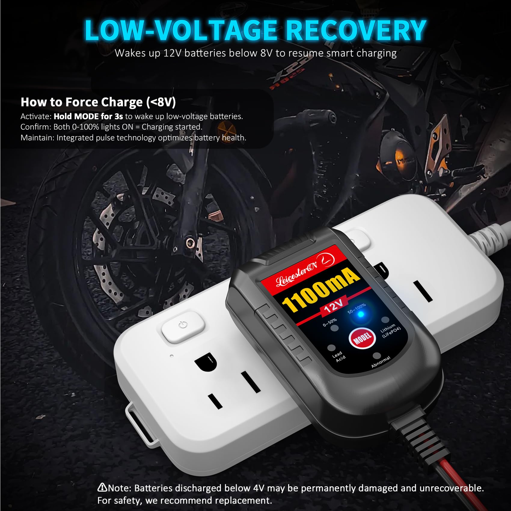 LEICESTERCN clamps quickly attach to a motorcycle battery.