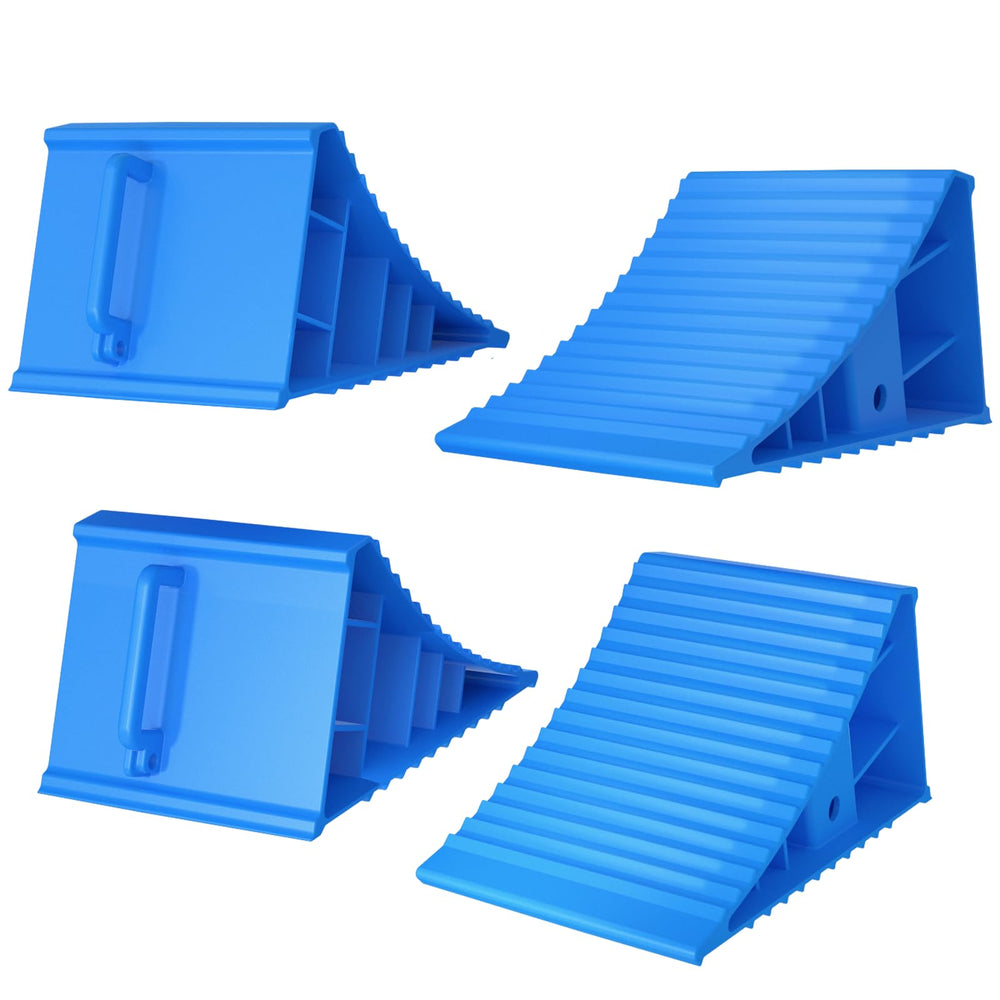 LEIDGG 4Pack wheel chocks in use under an RV wheel for secure parking.
